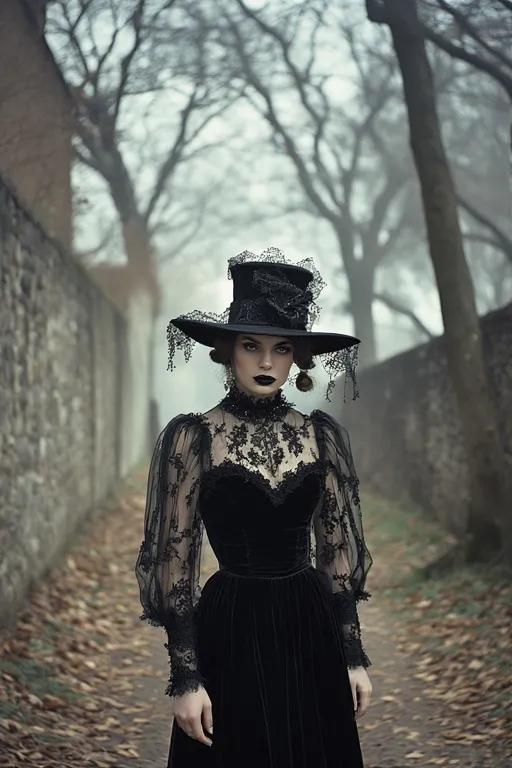 Trendy Halloween Outfit Ideas for a Stylish Spooky Season 2 A woman in a black velvet dress and lace hat with dark lipstick, representing the 2025 “Witchy Glam” Halloween trend.
