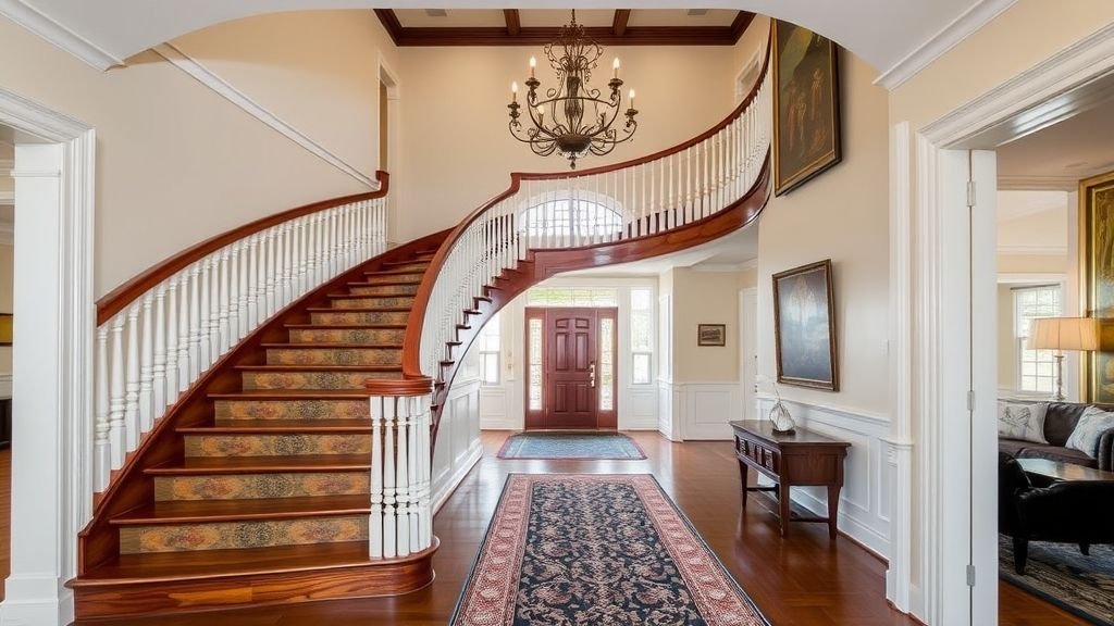 Staircase Design Ideas to Transform Your Home 4 Classic wooden staircase with mahogany steps, white balusters, and a crystal chandelier.