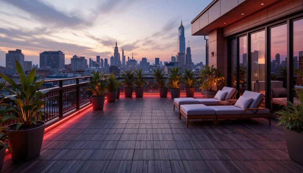 Beautiful Balcony Ideas for Every Home 6 Balcony with dark wooden floor tiles, soft red tones, and a pinkish overhang.