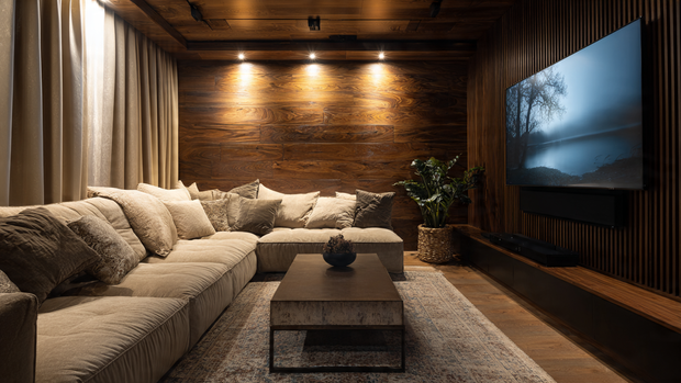 A modern living room with walnut wood wall panels framing a TV for warmth and texture.