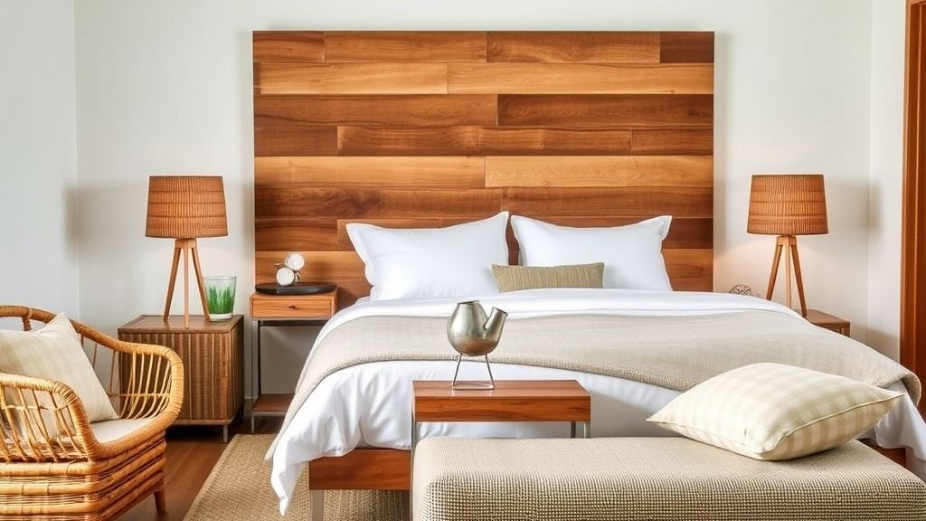 16 Dreamy Plant Lover Bedroom Ideas to Inspire Natural Decor 6 Bedroom with wooden accents, rattan furniture, and minimal plant decoration.
