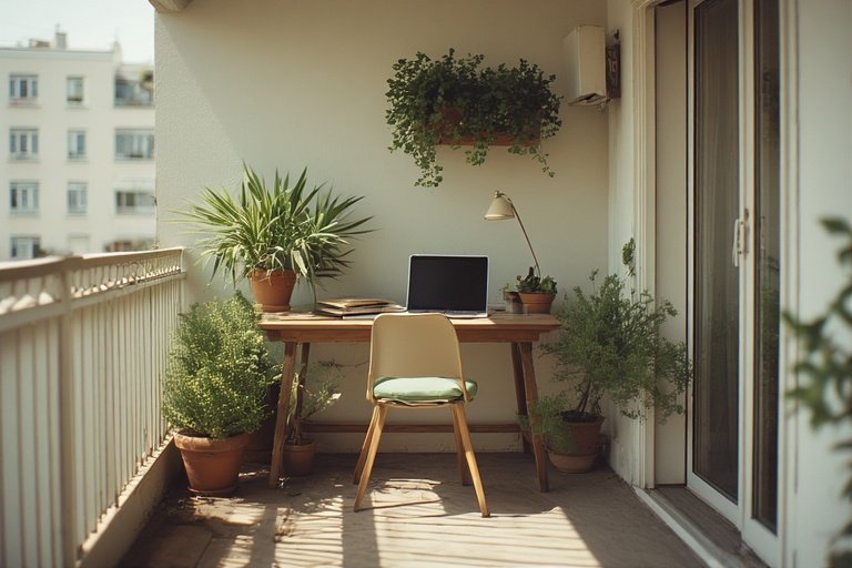Balcony Ideas Apartment: Transform Your Outdoor Space 16 Apartment balcony workspace with beige desk, green plants, and natural daylight.