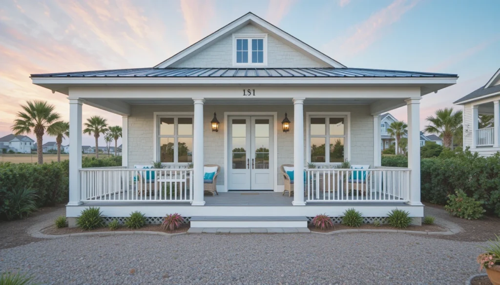 Coastal home with a wraparound porch and ocean view featuring cozy wicker seating.