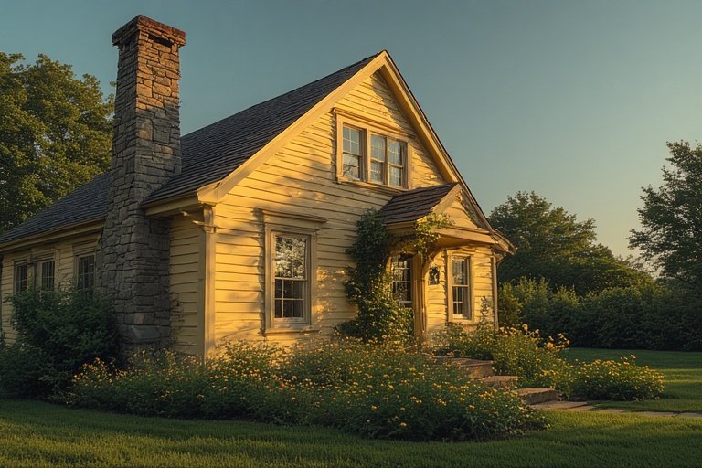 16 Timeless Cottage Decor Ideas to Warm Up Your Space 8 Pale yellow wooden cottage with stone chimney and colorful flower beds.
