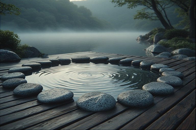 Backyard Water Features for a Tranquil Outdoor Escape 14 Japanese-inspired deck with circular ripple pond surrounded by mist