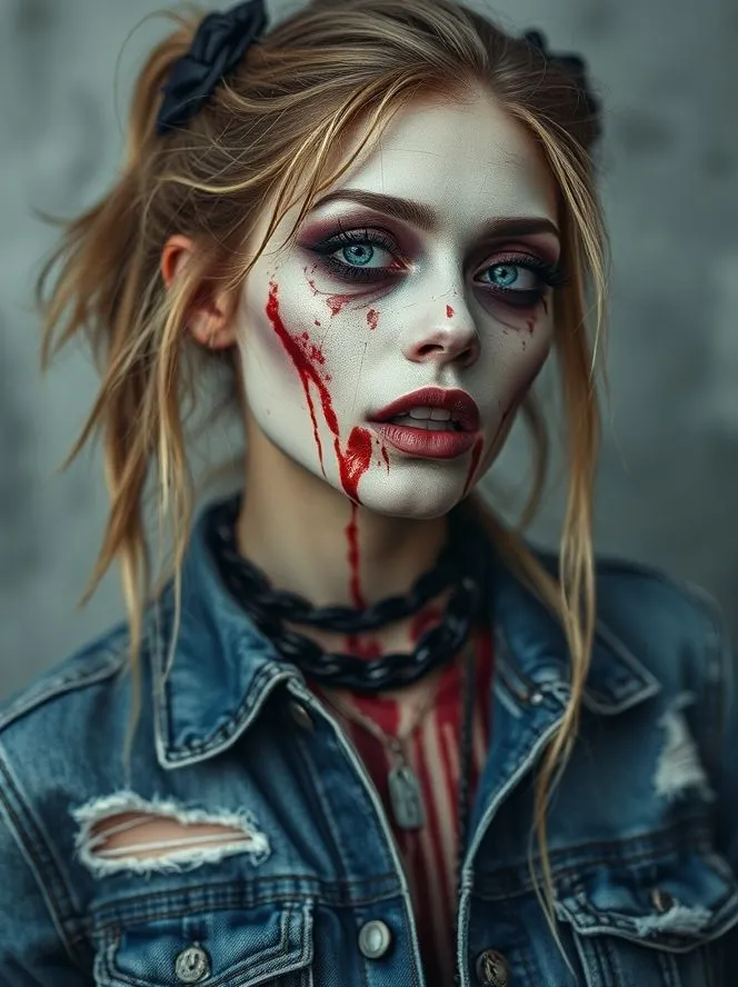 Trendy Halloween Outfit Ideas for a Stylish Spooky Season 5 A stylish model wearing torn jeans and pale makeup with fake blood, showcasing the 2025 “Zombie Chic” Halloween trend.