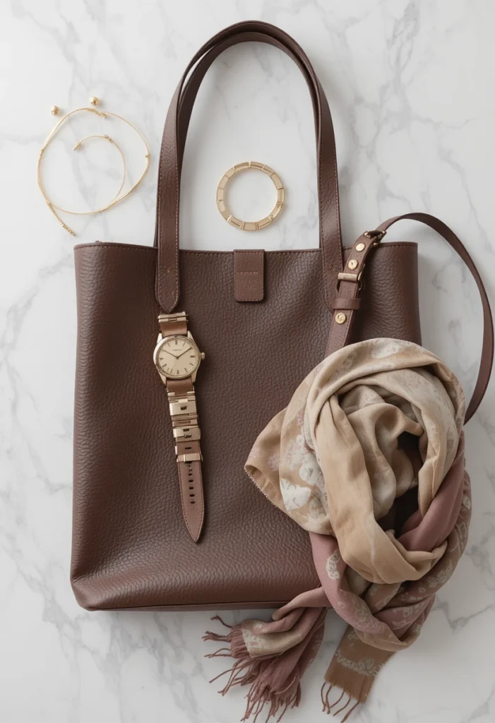 Business Casual Outfits For Modern Workwear 9 Elegant flat lay of minimalist business casual accessories including jewelry and handbag.