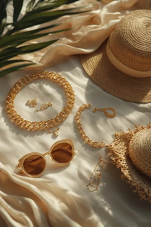 Lightweight summer accessories including gold jewelry, straw hat, and silk scarf on linen fabric.