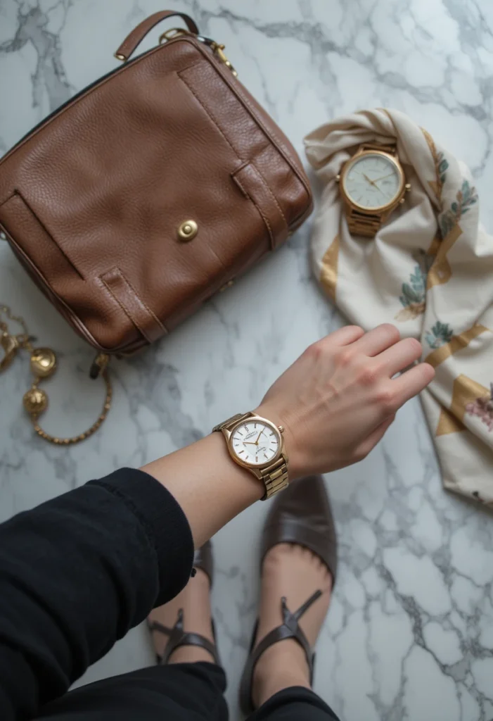 Minimalist business accessories including gold jewelry, handbag, scarf, and watch.