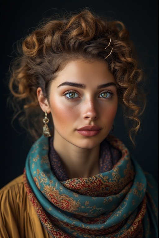 Curly hair accessorized with pins and a scarf, creating a stylish and playful vibe.