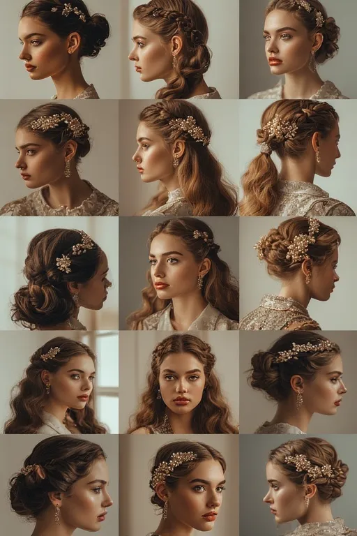 Hairstyles with pearl clips and velvet scrunchies showing glam hair accessory styling.