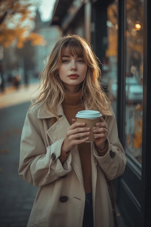 Woman with curtain bangs and layered fall hairstyle adding youthful seasonal charm.