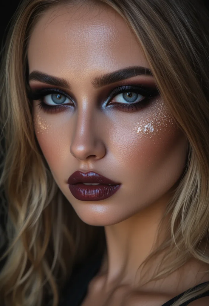Witchy glam makeup with smokey eyes, dark lipstick, and mystical glow.