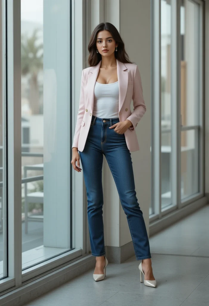 Woman in a tailored blazer paired with jeans, showcasing modern business casual elegance.