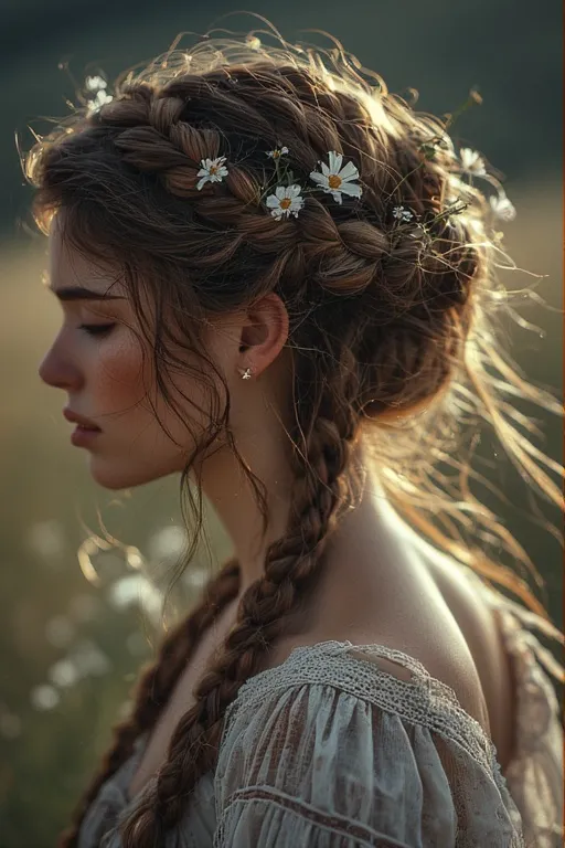 Boho braided curls with flowers and ribbons for a relaxed natural look.