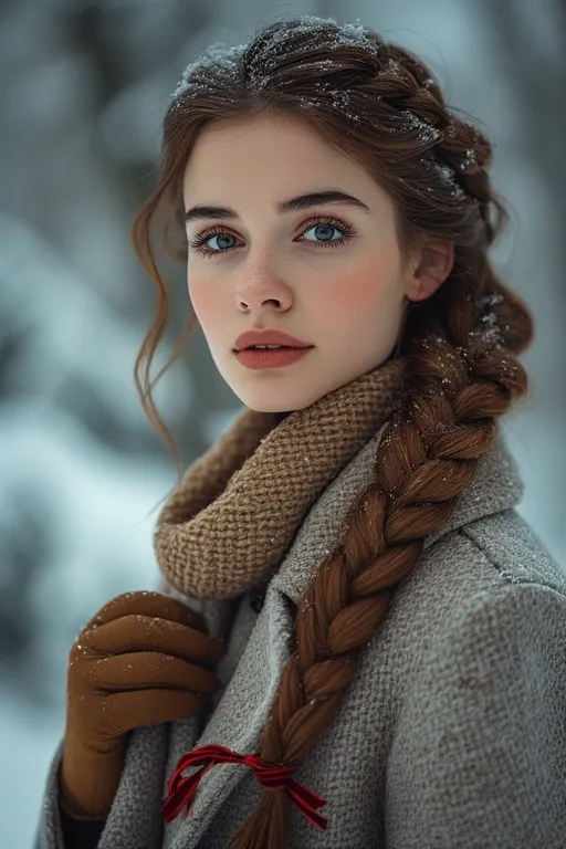 Winter braided hairstyle with ribbon accent in outdoor snowy scene.