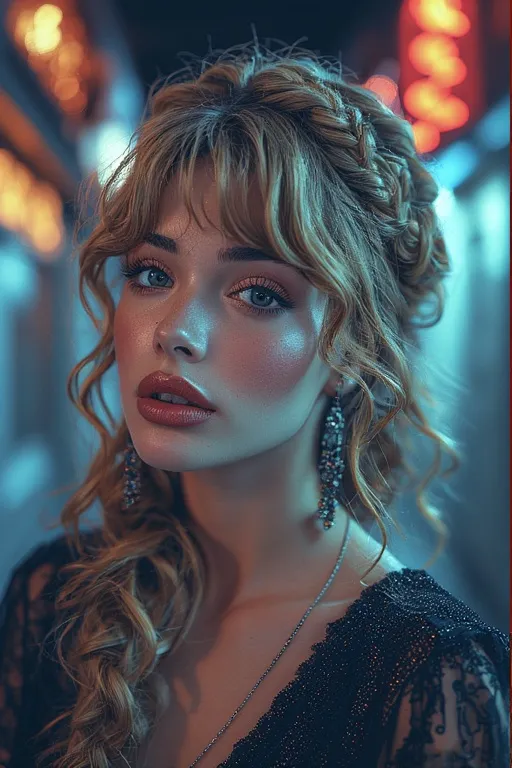 Elegant woman with braided crown and defined curls ready for evening event.