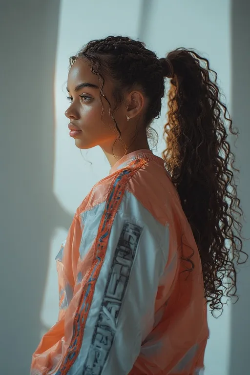 “High ponytail featuring braids at the base leading into bouncy curls.”