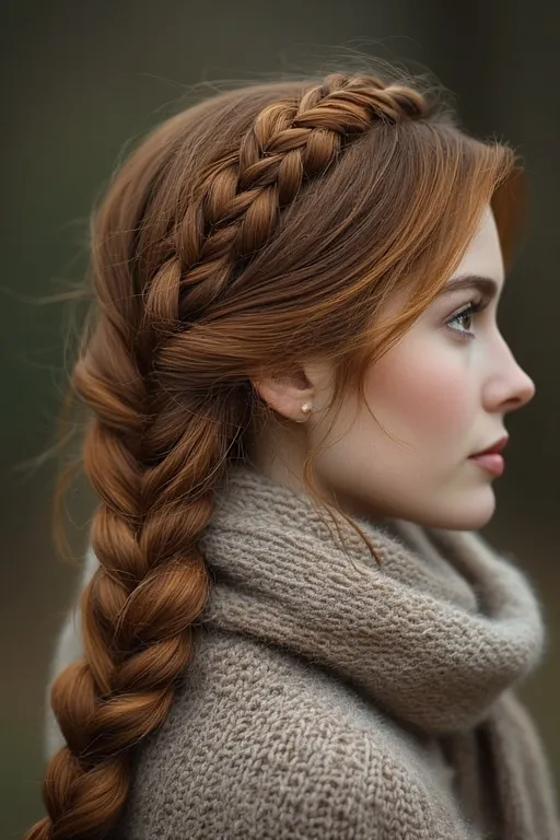 Fishtail braid with autumn highlights styled for fall season.