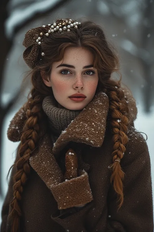 Winter braided hairstyle with ribbon and pearl accessories in outdoor snowy setting.