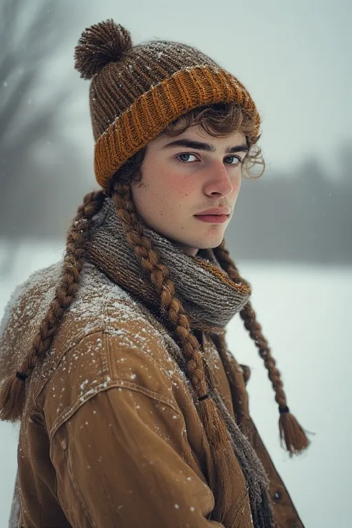 "Ethan featuring braided and twisted winter hairstyle, paired with winter accessories."