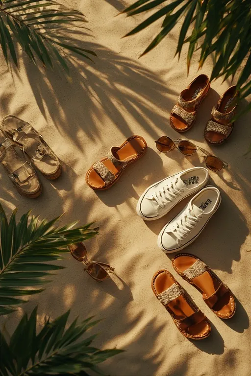 Assortment of breathable summer shoes including sandals, espadrilles, and sneakers.