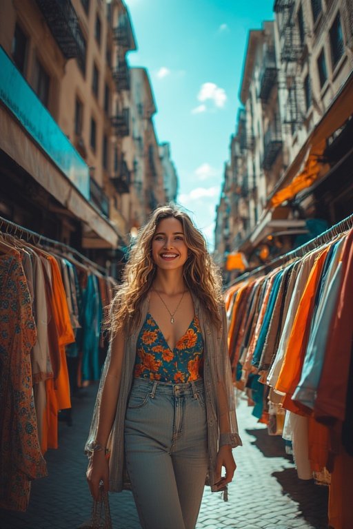 Woman exuding confidence through stylish clothing and strong personal presence.”