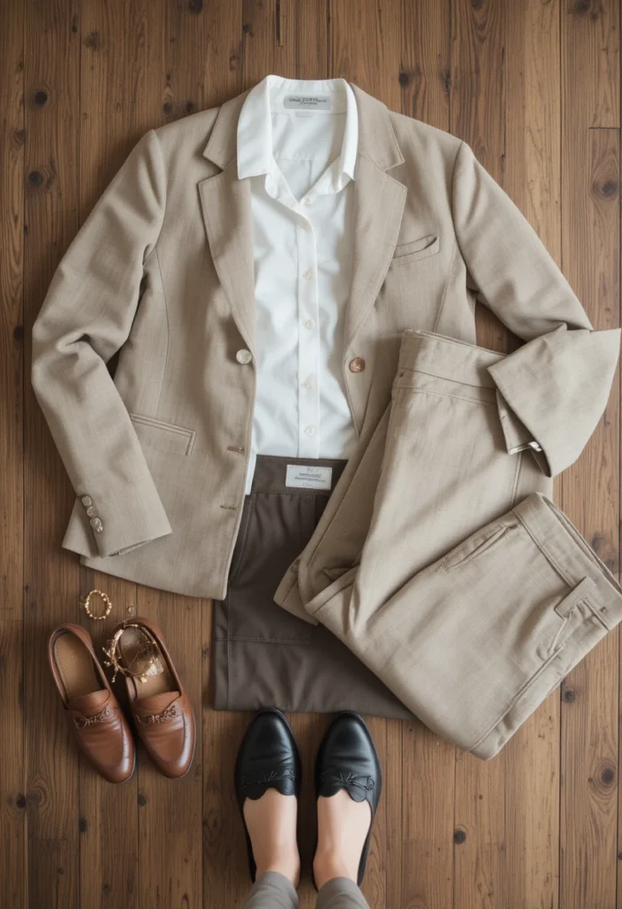 Flat lay of business casual wardrobe staples including blazer, blouse, loafers, and trousers in neutral tones.
