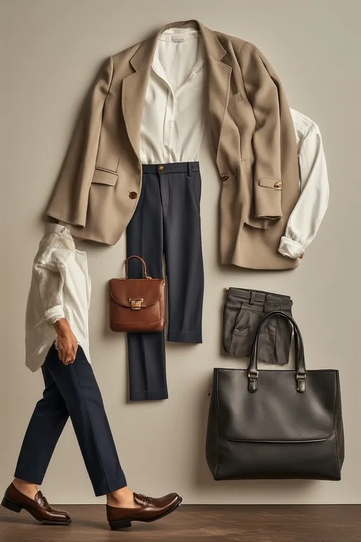 Business Casual Outfits For Modern Workwear 3 Flat lay of essential business casual clothing items including blazer, blouse, trousers, and accessories.