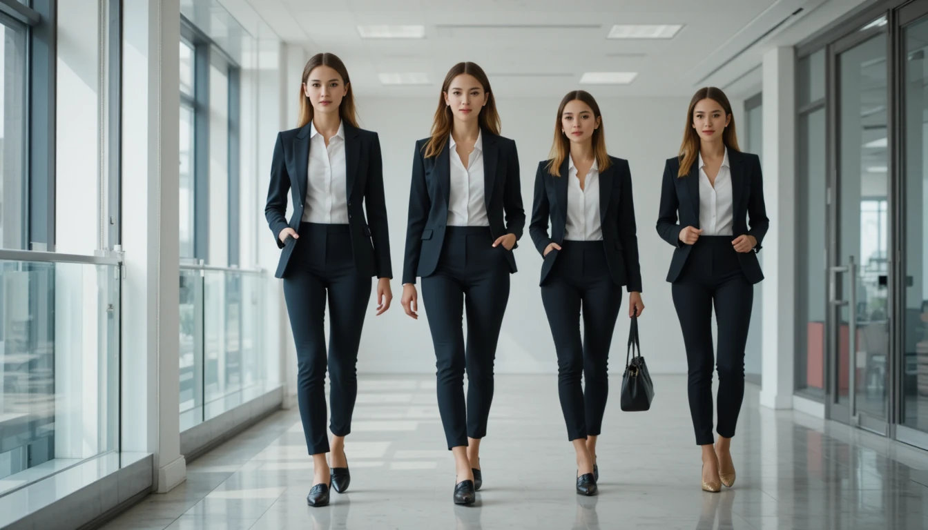 “Chic business casual look with tailored pants, a blazer, and neutral tones for a modern professional vibe.”