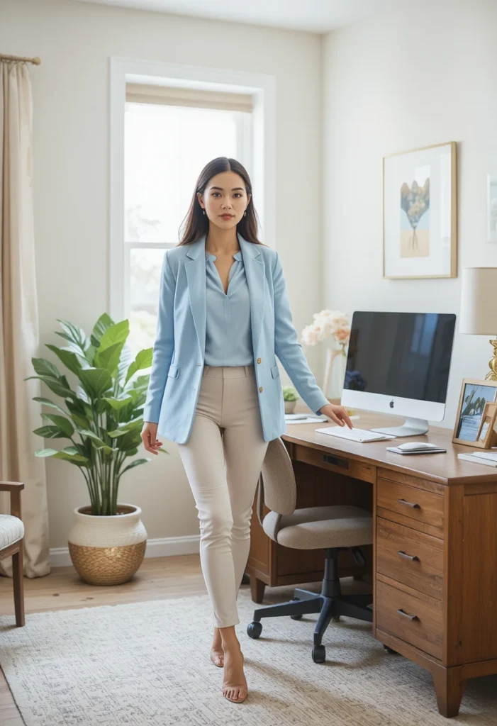 10+Minimalist Business Casual Fashion Ideas 10 Comfortable yet professional remote work outfit featuring a soft blazer and blouse for video meetings.