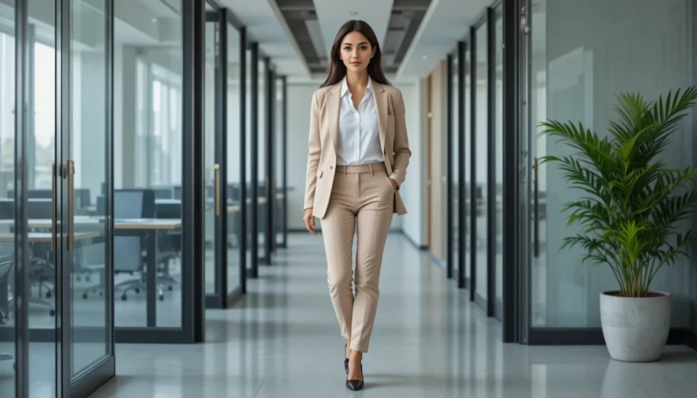 Modern business casual outfit for work featuring a beige blazer, white blouse, and tailored pants in a professional office setting.