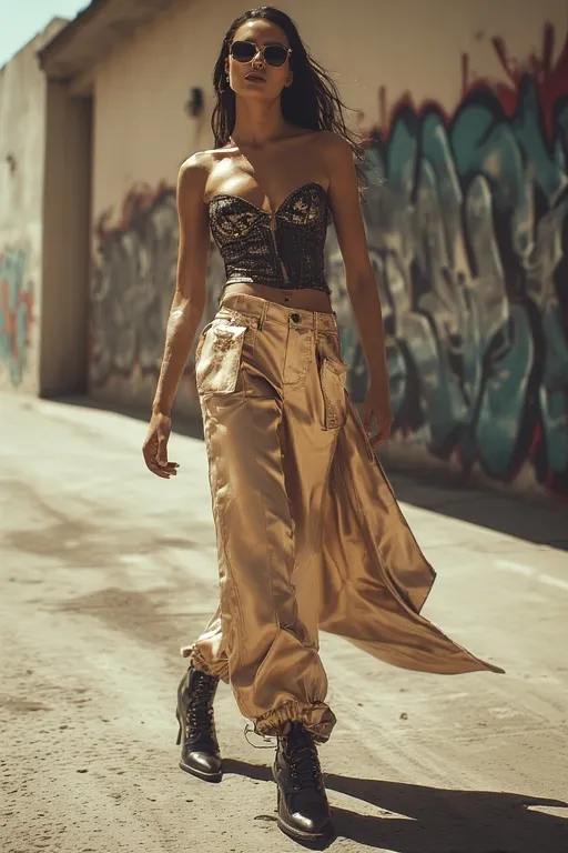 10+Modern Twist On 2000s Fashion Ideas 5 Modern Y2K cargo pants paired with corset top and heels in stylish urban streetwear fashion.