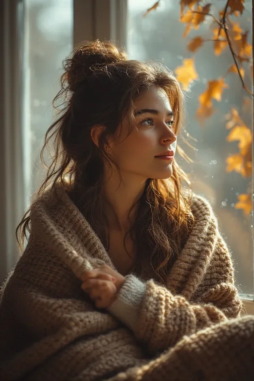 Woman applying hair oil to keep hair hydrated and shiny during cool fall weather.