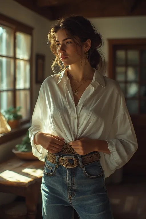 Stylish woman adjusting her casual summer outfit with a white shirt and woven belt.