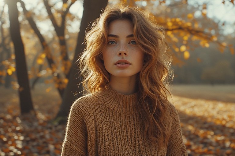 Woman with soft caramel and copper fall waves wearing a cozy sweater among golden autumn leaves.