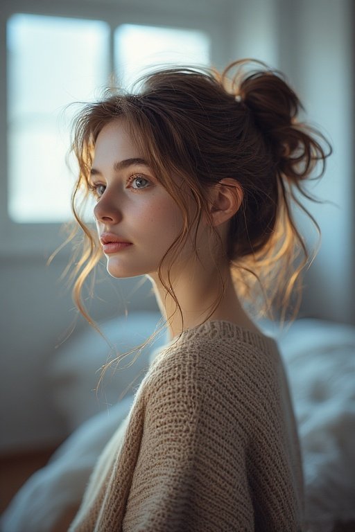 Effortless Everyday Glam Stylish Hairstyles to Try 6 Messy bun hairstyle with loose strands in a cozy indoor setting.