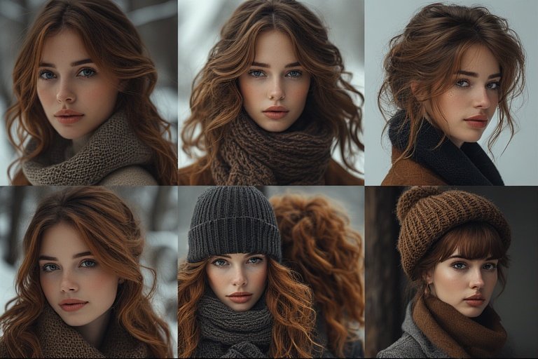 "Chic winter hairstyles including sleek straight styles, voluminous waves, and elegant updos, styled with scarves and beanies for a stylish cold-weather look."