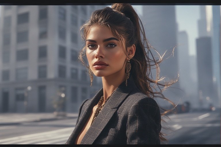 Woman with sleek high ponytail and modern outfit showcasing chic fashion hairstyle.