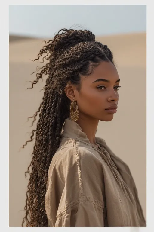 Half-up braided hairstyle with flowing curls and floral outfit.