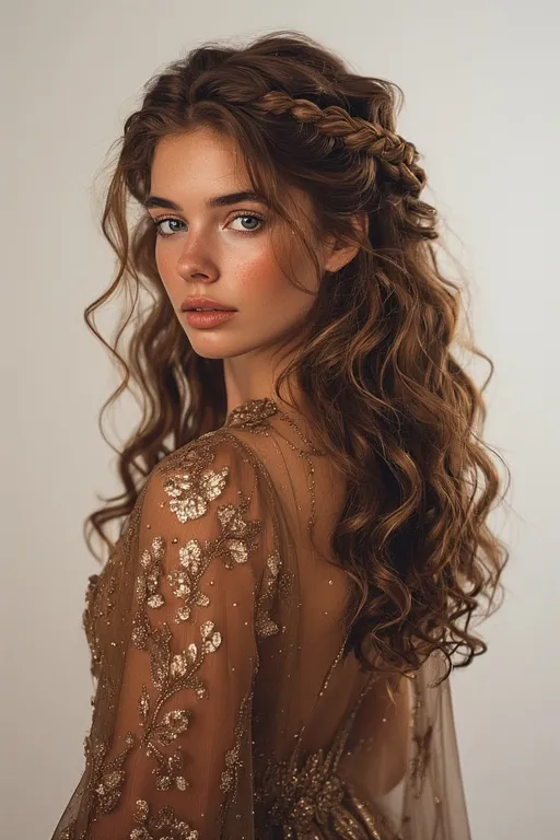“Classic French braid at the crown blending into soft, flowing curls.”