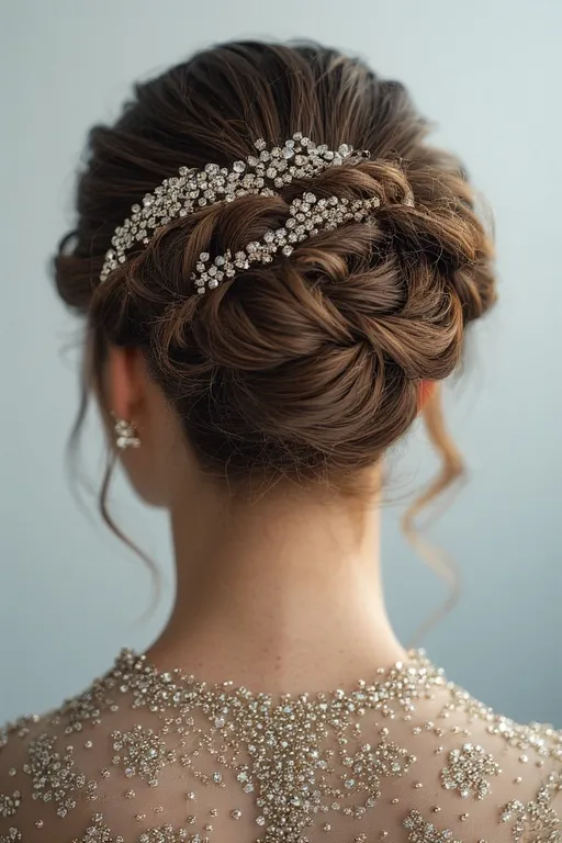 Classic French twist updo hairstyle for winter party or formal event.