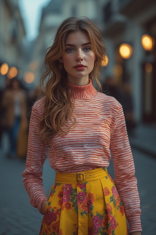 Stylish outfit combining patterns and colors harmoniously for a vibrant look.