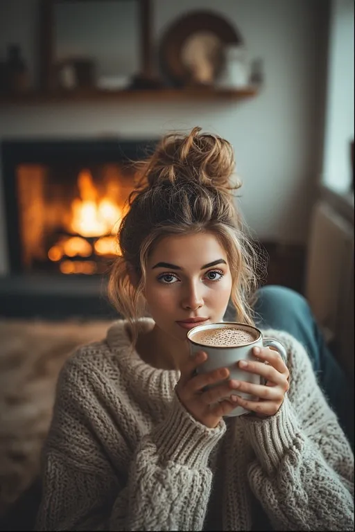 Messy bun winter hairstyle giving cozy and casual vibe indoors.
