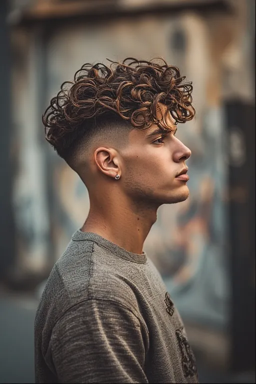"Daniel featuring curly fade hairstyle, sharp sides with textured curls on top."