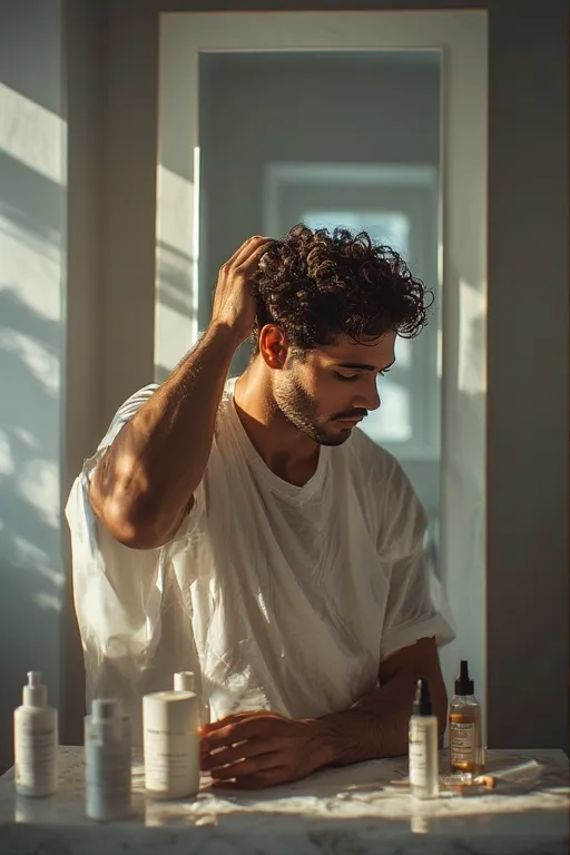 Curly hair care essentials for men including curl cream, oil, and detangling tools.