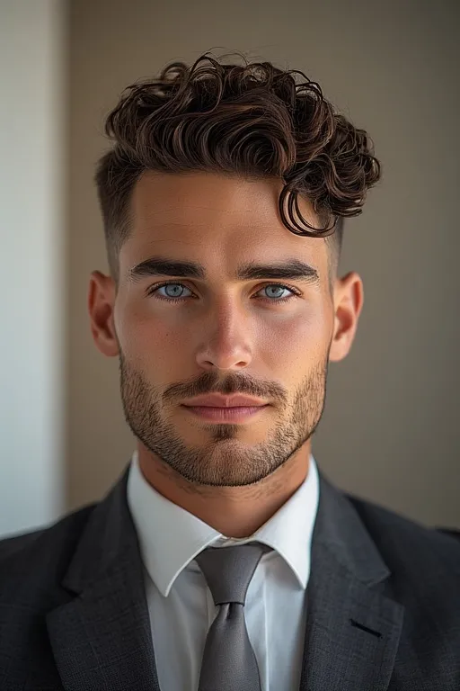 "David with professional curly hairstyle, neatly trimmed sides and controlled top."
