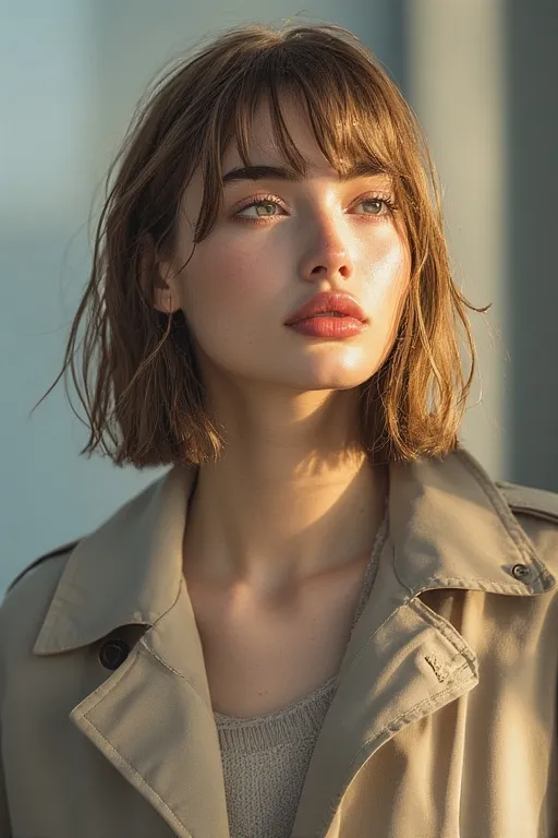 Woman with curtain bangs and layered hair styled for fall.