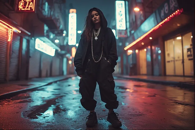 “Woman in dark streetwear outfit with black hoodie, cargo pants, and silver accessories posing in a moody city street at night.”