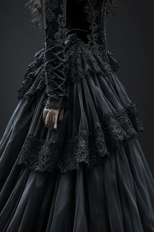 Ghostly Glam Black Halloween Style Ideas 4 Textured mix of black lace, velvet, silk, and tulle showing ghostly glam fabric contrast.